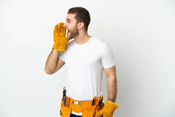 Young Electrician Man Isolated White Wall Shouting Mouth Wide Open — Stockfoto