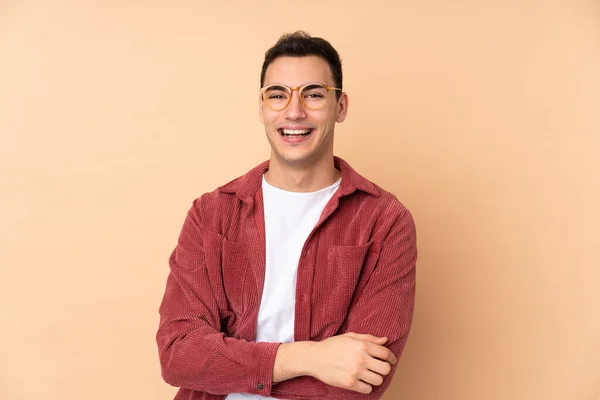 Young Caucasian Handsome Man Isolated Beige Background Glasses Happy — Stock Photo, Image