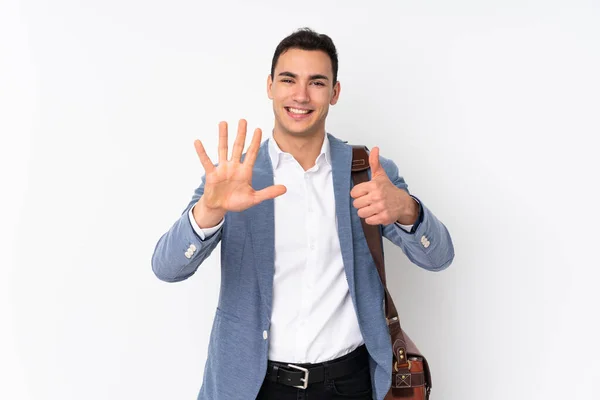 Jonge Knappe Zakenman Geïsoleerde Achtergrond Tellen Zes Met Vingers — Stockfoto