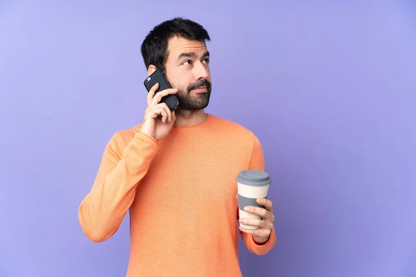 Caucasian Handsome Man Isolated Purple Background Holding Coffee Take Away — Stock Photo, Image
