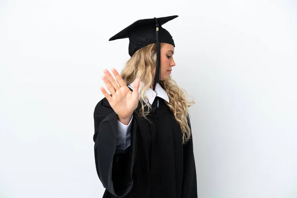 Jovem Universitária Graduada Mulher Isolada Fundo Branco Fazendo Parar Gesto — Fotografia de Stock