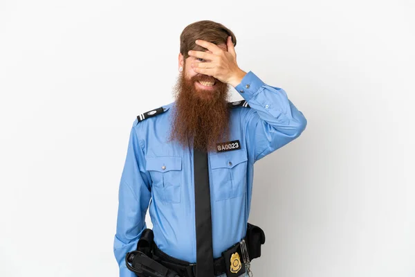 Rödhårig Polis Man Isolerad Vit Bakgrund Täcker Ögon Med Händer — Stockfoto