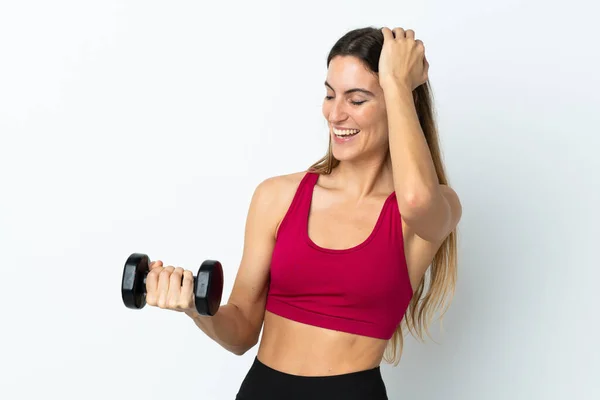 Esporte Mulher Fazendo Levantamento Peso Isolado Fundo Branco Percebeu Algo — Fotografia de Stock