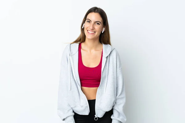 Jovem Mulher Esporte Sobre Fundo Isolado Feliz Sorridente — Fotografia de Stock