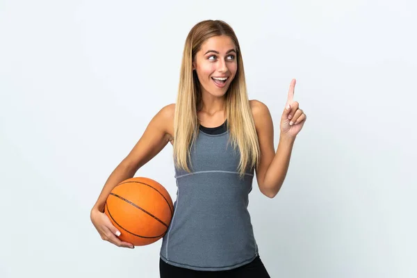 Giovane Studentessa Isolata Sfondo Bianco Giocare Basket Avere Idea — Foto Stock
