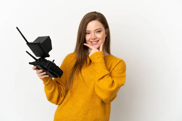 Adolescente Tenant Une Télécommande Drone Sur Fond Blanc Isolé Heureux — Photo