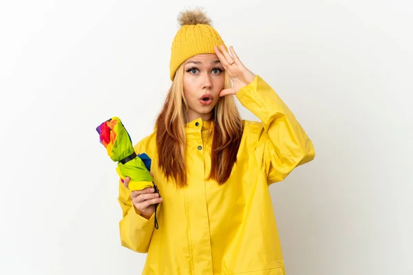 Teenager Blonde Girl Wearing Rainproof Coat Isolated White Background Has — Stock Photo, Image