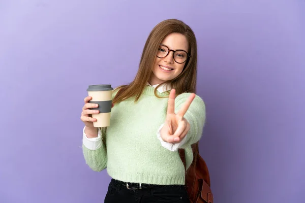 Adolescente Estudiante Chica Sobre Aislado Púrpura Fondo Sonriendo Mostrando Signo —  Fotos de Stock