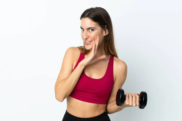 Deporte Mujer Haciendo Levantamiento Pesas Aislado Sobre Fondo Blanco Susurrando —  Fotos de Stock