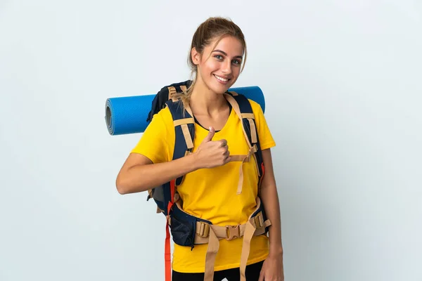 Jovem Montanhista Mulher Com Uma Grande Mochila Isolada Fundo Branco — Fotografia de Stock