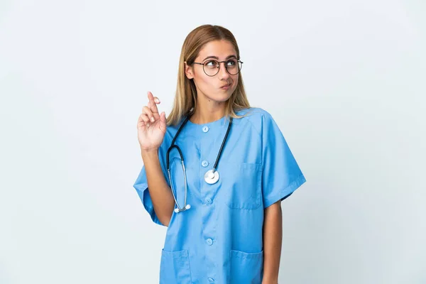 Χειρουργός Γιατρός Γυναίκα Πάνω Από Απομονωμένο Λευκό Φόντο Δάχτυλα Σταυρώνουν — Φωτογραφία Αρχείου