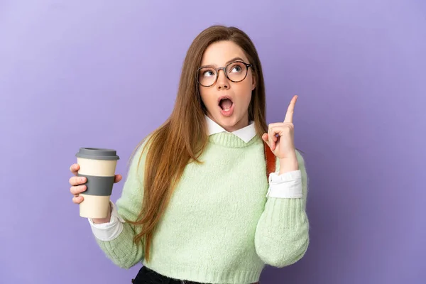 Adolescente Studente Ragazza Oltre Isolato Viola Sfondo Pensando Idea Puntando — Foto Stock