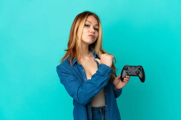 Teenager Ξανθιά Κοπέλα Παίζει Ένα Χειριστήριο Video Game Πάνω Από — Φωτογραφία Αρχείου