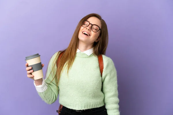 Teenager Studentská Dívka Přes Izolované Fialové Pozadí Smích — Stock fotografie