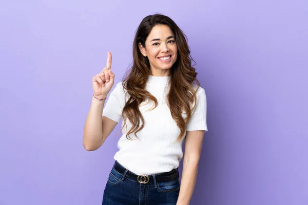 Woman Isolated Purple Background Showing Lifting Finger Sign Best — 图库照片