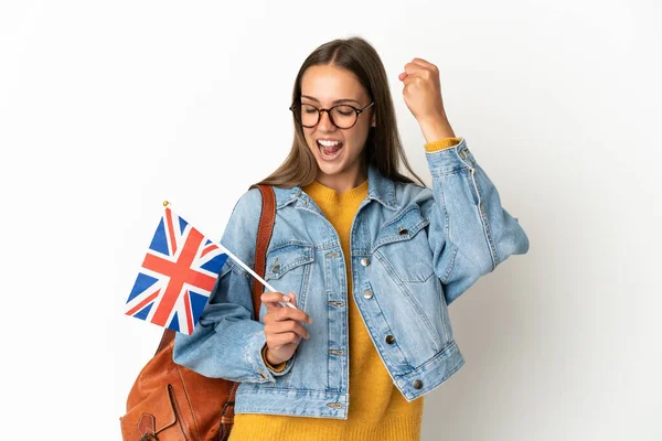 Jeune Femme Hispanique Tenant Drapeau Royaume Uni Sur Fond Blanc — Photo