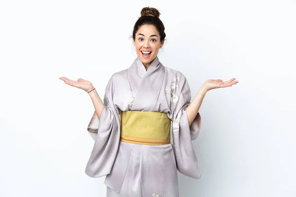 Woman Wearing Kimono Isolated Background Shocked Facial Expression — 图库照片