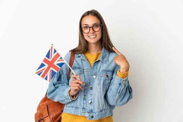 Junge Hispanische Frau Mit Einer Britischen Flagge Auf Isoliertem Weißem — Stockfoto