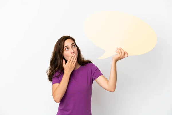 Young Caucasian Woman Isolated White Background Holding Empty Speech Bubble — Stock Photo, Image