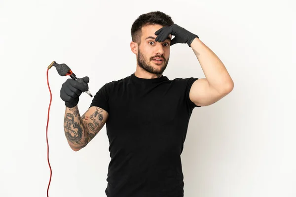 Tattoo Artist Man Isolated White Background Doing Surprise Gesture While — Stock Photo, Image