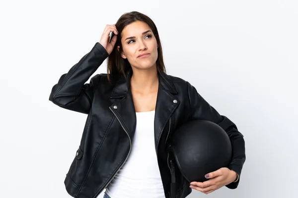 Chica Caucásica Sosteniendo Casco Motocicleta Sobre Fondo Blanco Que Tiene —  Fotos de Stock