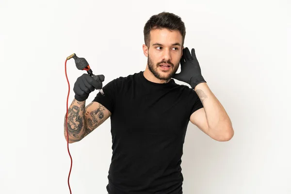 Tattoo Artist Man Isolated White Background Listening Something Putting Hand — Stock Photo, Image