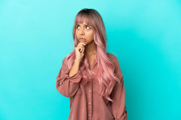 Young Mixed Race Woman Pink Hair Isolated Blue Background Having — Stock Photo, Image