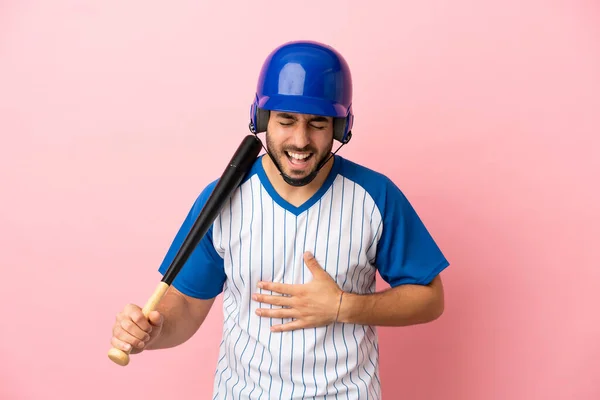 Baseball Player Helmet Bat Isolated Pink Background Smiling Lot — Stock Photo, Image