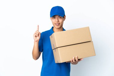 Beyaz arka planda izole edilmiş Çinli teslimat harika bir fikre işaret ediyor.