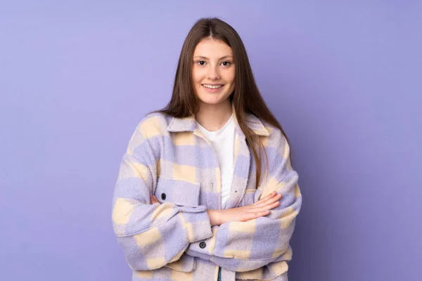 Teenager Caucasian Girl Isolated Purple Background Keeping Arms Crossed Frontal — Stock Photo, Image