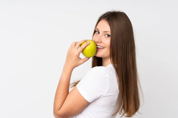 Tonåring Kaukasisk Flicka Isolerad Vit Bakgrund Äta Ett Äpple — Stockfoto