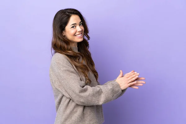 Woman Isolated Purple Background Applauding — ストック写真