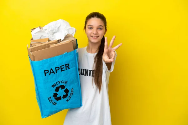Little Girl Holding Recycling Bag Full Paper Recycle Isolated Yellow — Stock Photo, Image
