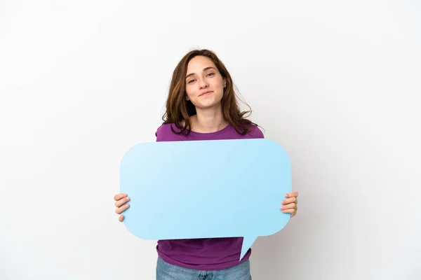 Jonge Kaukasische Vrouw Geïsoleerd Witte Achtergrond Met Een Lege Spraak — Stockfoto