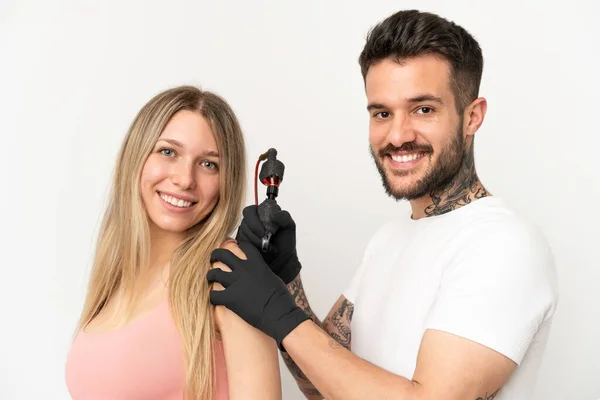 Man Tattooing Girl Isolated Background — Stock Photo, Image