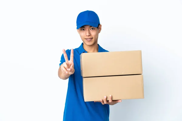 Delivery Chinese Man Isolated White Background Smiling Showing Victory Sign — Stock Photo, Image