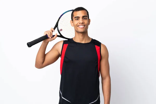 Afro Amerikaanse Man Geïsoleerde Witte Achtergrond Spelen Tennis — Stockfoto