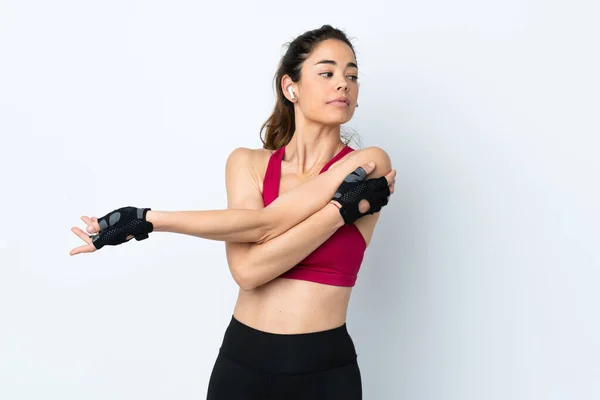 Esporte Mulher Sobre Isolado Fundo Branco Alongamento Braço — Fotografia de Stock