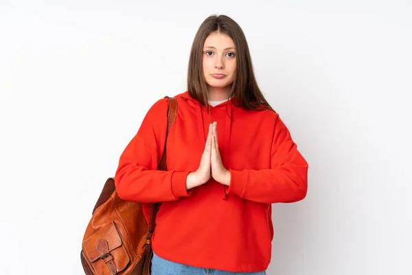 Tiener Kaukasische Student Meisje Geïsoleerd Witte Achtergrond Pleiten — Stockfoto