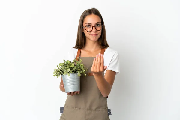 Tuinmeisje Met Een Plant Een Geïsoleerde Witte Achtergrond Die Uitnodigt — Stockfoto