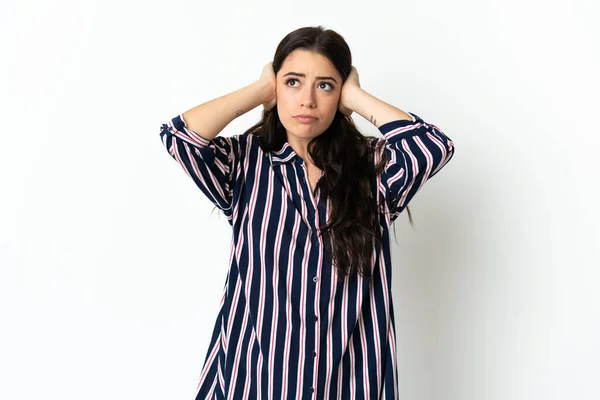 Young Caucasian Woman Isolated Background Frustrated Covering Ears — Stock Photo, Image