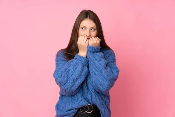 Teenager Caucasian Girl Isolated Pink Background Nervous Scared Putting Hands — Stock Photo, Image