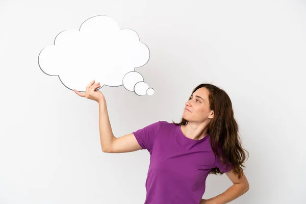 Young Caucasian Woman Isolated White Background Holding Empty Speech Bubble — Stock Photo, Image