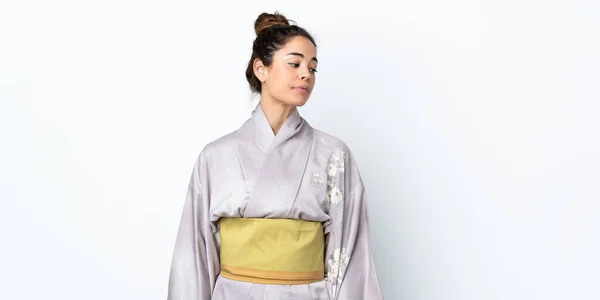 Woman Wearing Kimono Isolated Background Looking Side — 图库照片