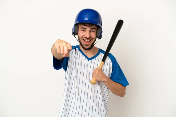 Young Caucasian Man Playing Baseball Isolated White Background Surprised Pointing — Stock Photo, Image