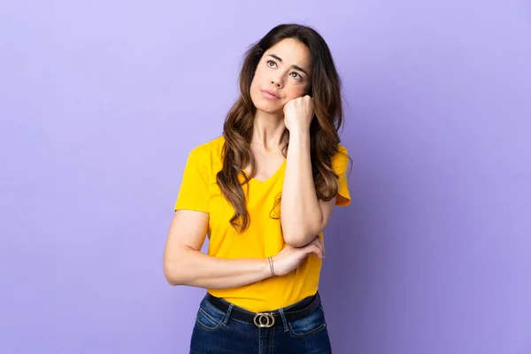 Woman Isolated Purple Background Tired Bored Expression — 图库照片