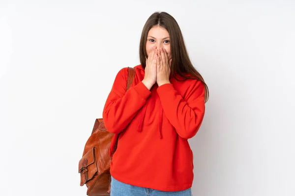 Teenager Caucasian Student Girl Isolated White Background Surprise Facial Expression — Stock Photo, Image