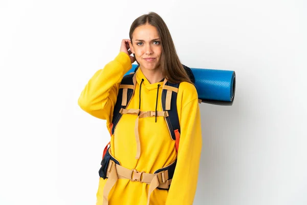 Young Mountaineer Woman Big Backpack Isolated White Background Having Doubts — Stock Photo, Image