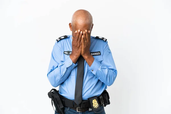 Joven Policía Aislado Sobre Fondo Blanco Con Expresión Cansada Enferma —  Fotos de Stock