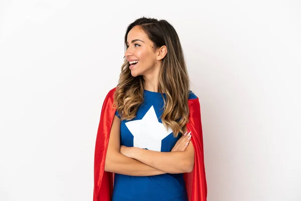 Super Hjälte Kvinna Över Isolerad Vit Bakgrund Ser Sida — Stockfoto